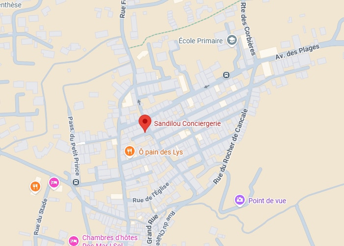 Localisation Sandilou Conciergerie Saint-Benoît-des-Ondes Plan Google Maps situant Sandilou Conciergerie à Saint-Benoît-des-Ondes, près d'Ô pain des Lys et de l'église.