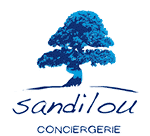 Logo Sandilou Conciergerie avec un bonsaï bleu, évoquant sérénité et services de luxe personnalisés.
