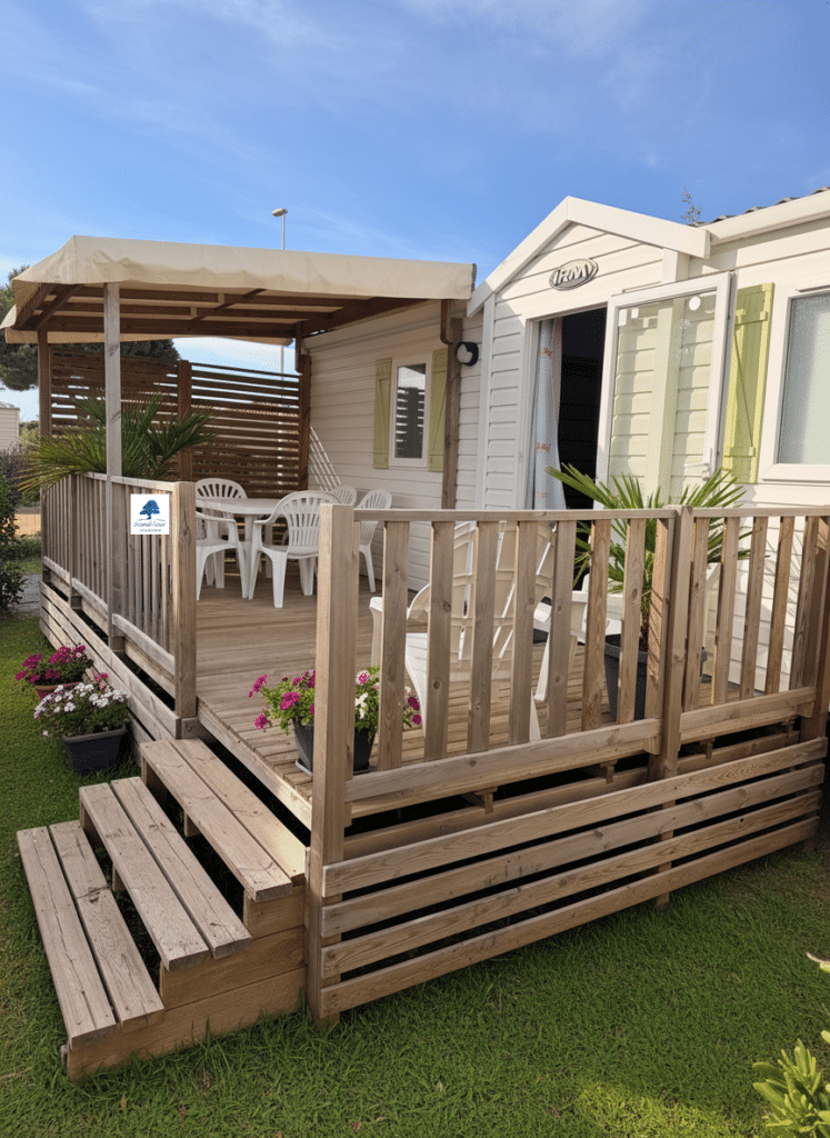 Mobil-home IRM avec terrasse en bois couverte, salon de jardin blanc et logo Sandilou devant un gazon vert sous ciel bleu.