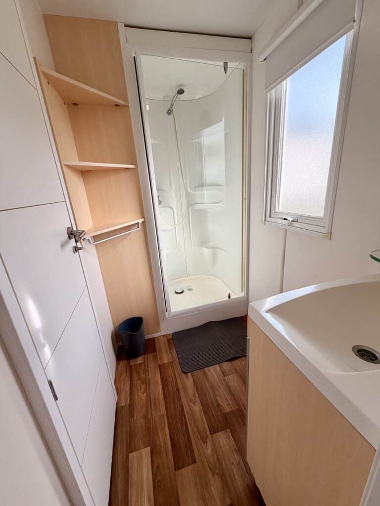 Petite salle de bain moderne avec douche vitrée, étagères en bois clair et sol effet parquet chaleureux.